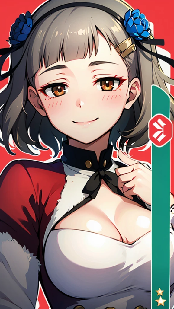 (((solo))), 1 woman, Sakuya Kurobane, sakuyaunif, kurobane_sakuya, short hair, grey hair, black hairband, blue hair flower, brown eyes, red eyeliner, chest, blush, smile, (upper body), santa claus