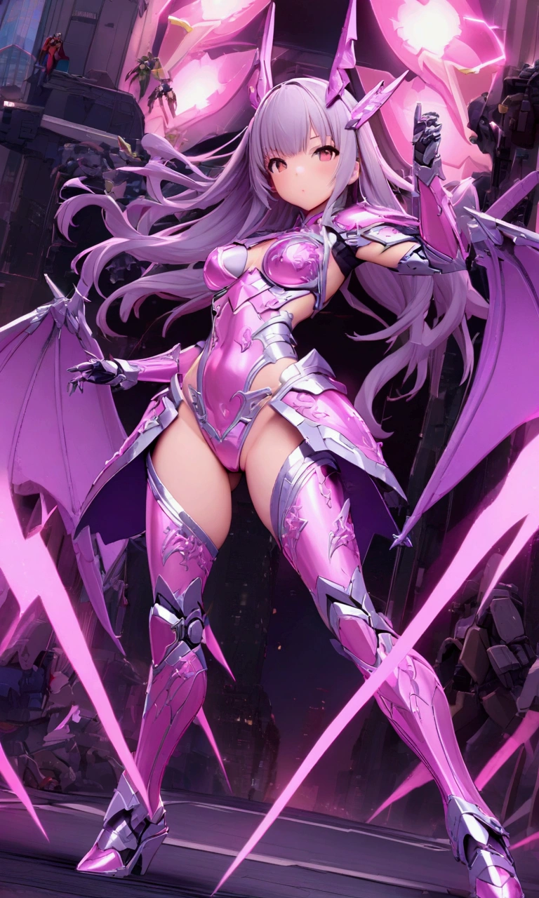 (Perfect Anatomy)、Mastepiece、Ultra High Quality、 8K、masterpiece、Highest quality、Ultra-high resolution、Maximum resolution、Very detailed、Professional Lighting、anime、woman、thin、so beautiful、Highly detailed eye、Highly detailed face、Golden earrings、Pink Hair,、Pink eyes、Mid-chest, pink lips, upper arm pink armor, white leotard, pink pattern, full body, magical girl, Angel Girl, pink thigh high stockings, white super long boots, pink gauntlet, high heels, hime cut, bridal hair accessory, glowing eyes, (Monsters attack:1.8), Attacking with fire magic, victory pose, erect nipples