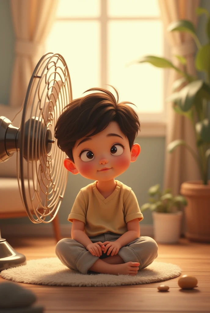 A picture of boy who sit on chair and on his fan and he have glasses on his eyes