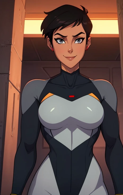 art, Best quality, absurd, 4K, Lois Lane, aesthetics, perfect eyes, perfect face, detailed, grey eyes, complex, Perfect lighting) 1 girl with fair skin, short shaved hair, wears a red and black futuristic bodysuit, queen of an alien race, warrior , gentle smile, perfect female anatomy 
