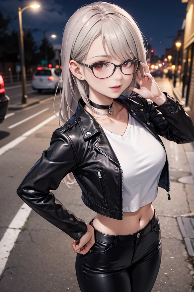 ((Idle level girl)), Masterpiece, highest image quality, Super detailed, (Perfect body:1.3), (perfect face+Glasses+messy hair+ gray bob hair+red eyes), closure, viewer's perspective, she bent down,Catching the audience's attention。Detailed hair,bright smile、Delicate blue eyes(lifelike eyes),professional lighting,