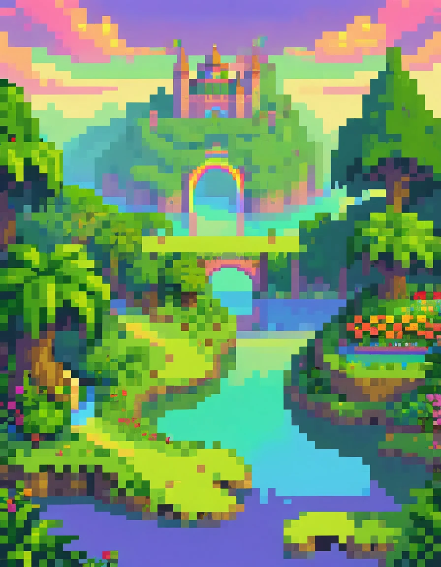 8-bit retro game, pixel art, JRPG, "The Legend of Zelda", beautiful rainbow bridge over a lake, fantasy world, highly detailed environment, vibrant colors, fantasy landscape, lush vegetation, fantasy castle in background, magical atmosphere