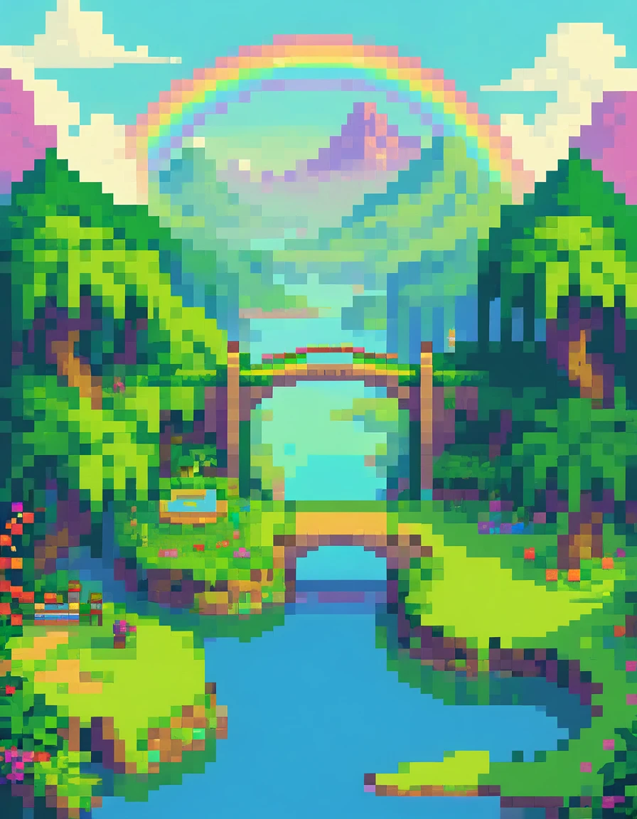 8-bit retro game, pixel art, JRPG, "The Legend of Zelda", beautiful rainbow bridge over a lake, fantasy world, highly detailed environment, vibrant colors, fantasy landscape, lush vegetation, fantasy castle in background, magical atmosphere