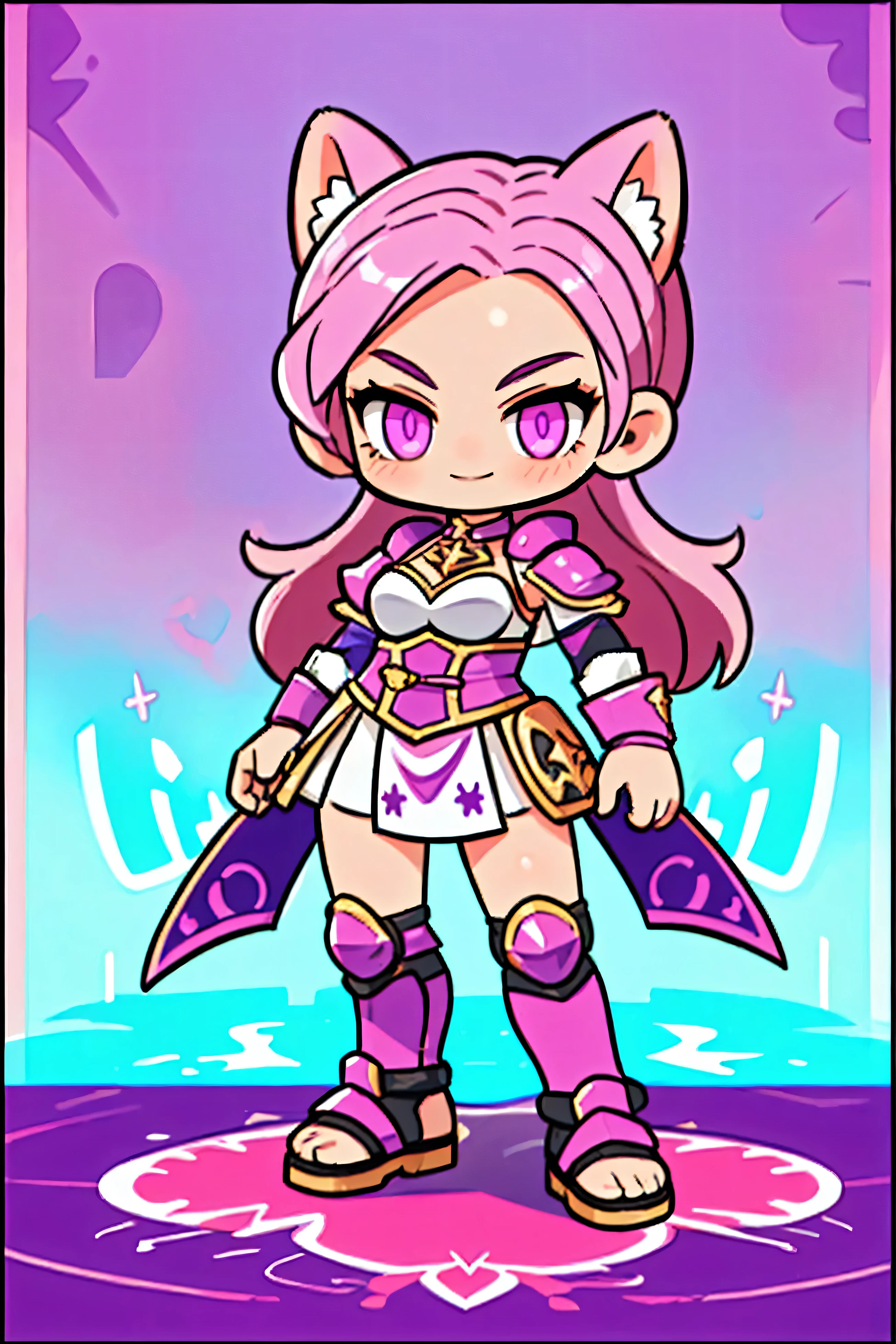 One female warrior , European medieval armor ,  costume color white and purple,  Long pink hair , cat ears , pink eyes , Half Side Pose ,  Introducing Pose ,  A kind expression, I'm looking at the audience with round eyes , smile, 