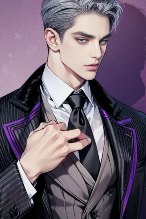 He is a handsome man. He has short hair. He has violet colored hair. He has dark purple eyes. He is tall. He wears a black suit. He has fangs and a tongue like a snake. He is a butler. He is calm. Dark fantasy 