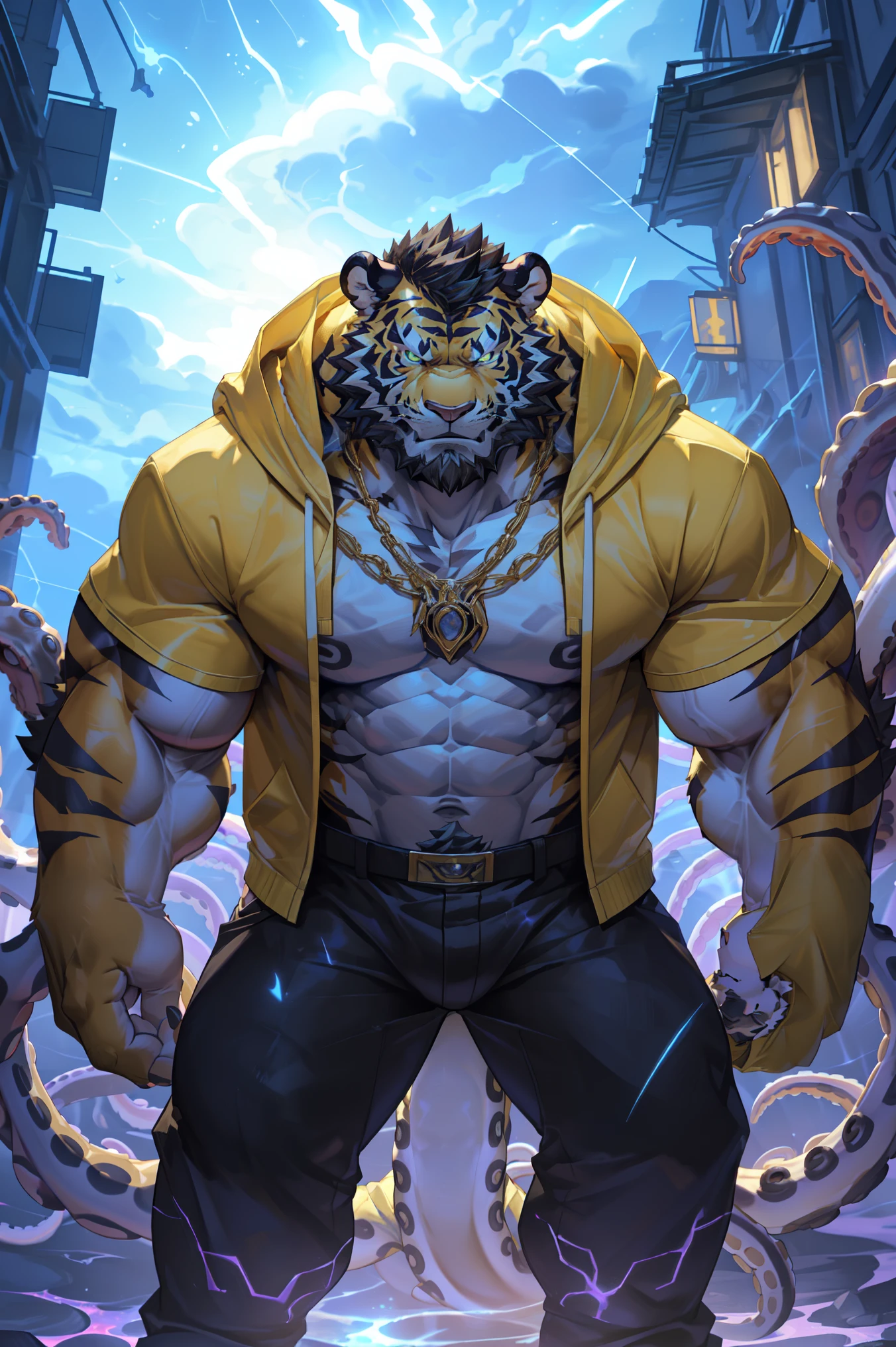 solo,anthro,furry,furry male, tiger, ((fluffy fur,fluffy,furry body, white tiger stripes)), black fur(obsidian black fur, ancient tiger print, white stripes), (pure black body), black fur, night sky, dark room, black hair, red eyes, (bright red eyes) short messy hair, tail, sky blue eyes, detailed fluffy fur, chain on neck, cyberpunk laboratory, metal walls, pristine floor, glass vials, arms shackled, shackles on wrists, fighting pose, dark laboratory cell, heavy shadows, no window, chains on wall, wearing shackles, cell door, starry sky, detailed face, detailed eyes, bright red torn shorts, detailed clothes, tight shorts, black and red torn shorts, metal collar, white muzzle, full body, muscular, fantasy indoors, jail cell, (by null-ghost, by racoon21, masterpiece, high quality,hi-res,8k had), standing,close-view portrait, looking at viewer, indoor, frowning expression, dark shadows, chains, pose, cell, midnight,