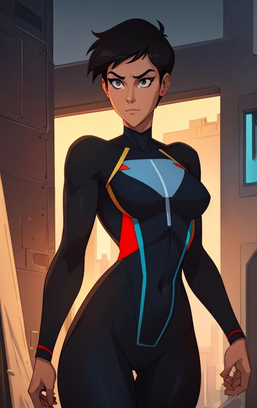 art, Best quality, absurd, 4K, Lois Lane, aesthetics, perfect eyes, perfect face, detailed, grey eyes, complex, Perfect lighting) 1 girl with fair skin, short shaved hair, wears a red and black futuristic bodysuit, queen of an alien race, warrior, perfect female anatomy 
