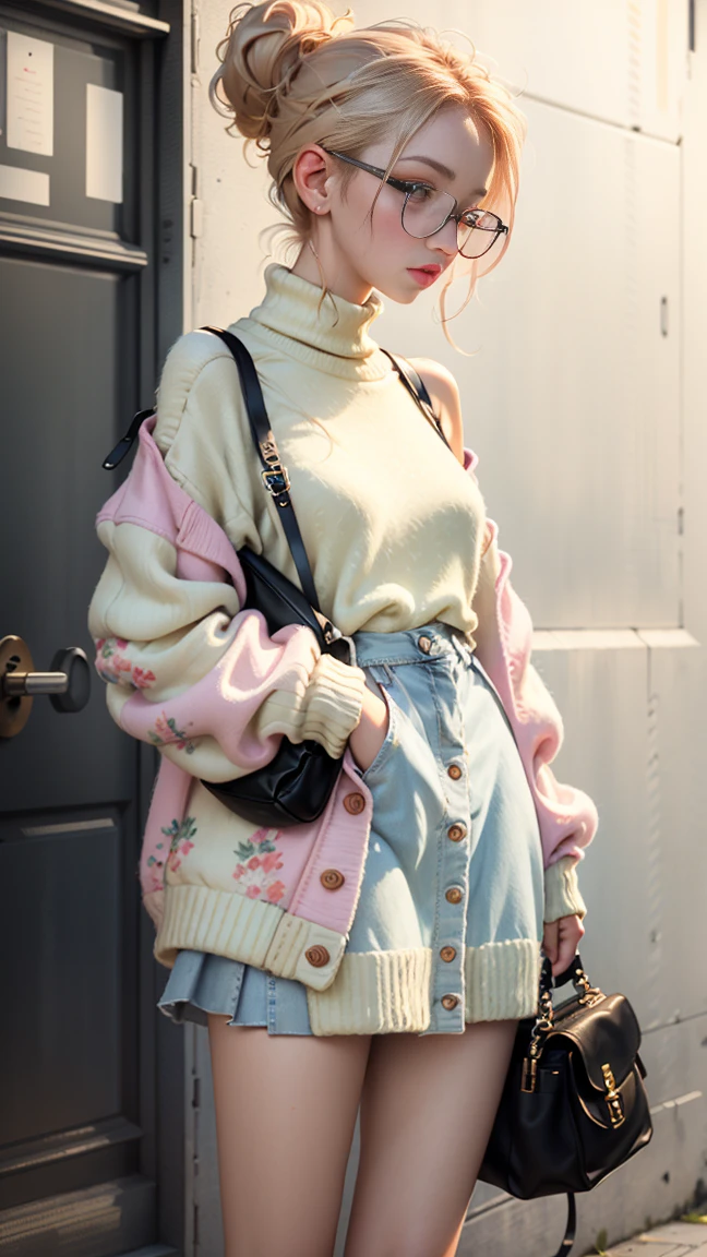 (1girl:1.3), Solo,_Kim Ji-ni Jennie face, wearing flowers on her head, short pink hair, wearing a yellow sweater, short, light blue shorts,, sexy, cute, background green wall, full body photo, looking at the audience, world-weary face, cold eyes, Korean style photo photos, photographic lighting, strong contrast, sunlight on the face, world-weary face, high-end sense, 8k resolution image, intricate symmetrical details. Smooth action, full picture.