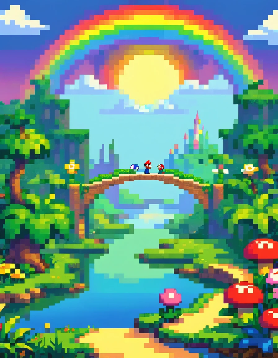 16-bit retro game, pixel art, "Super Mario World", beautiful rainbow bridge over a lake, fantasy world, highly detailed environment, vibrant colors, fantasy landscape, lush vegetation, fantasy castle in background, magical atmosphere