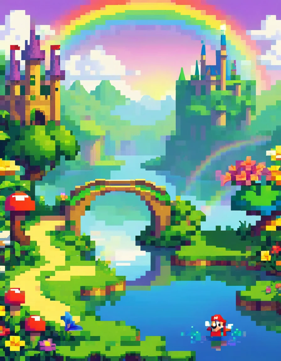 16-bit retro game, pixel art, "Super Mario World", beautiful rainbow bridge over a lake, fantasy world, highly detailed environment, vibrant colors, fantasy landscape, lush vegetation, fantasy castle in background, magical atmosphere