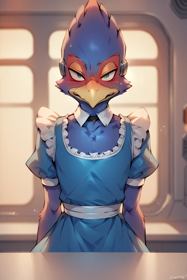 score_9, score_8_up, score_7_up, score_6_up, 1boy, solo, Falco lombardi, inside spaceship, beckoning, straight on, nsfw, blush, hypnotized face,  Elongated body, thin body, thin arms, blue maid dress,