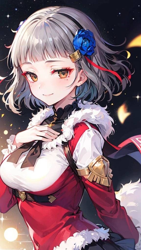 (((solo))), 1 woman, Sakuya Kurobane, sakuyaunif, kurobane_sakuya, short hair, grey hair, black hairband, blue hair flower, brown eyes, red eyeliner, chest, blush, smile, (upper body), santa claus