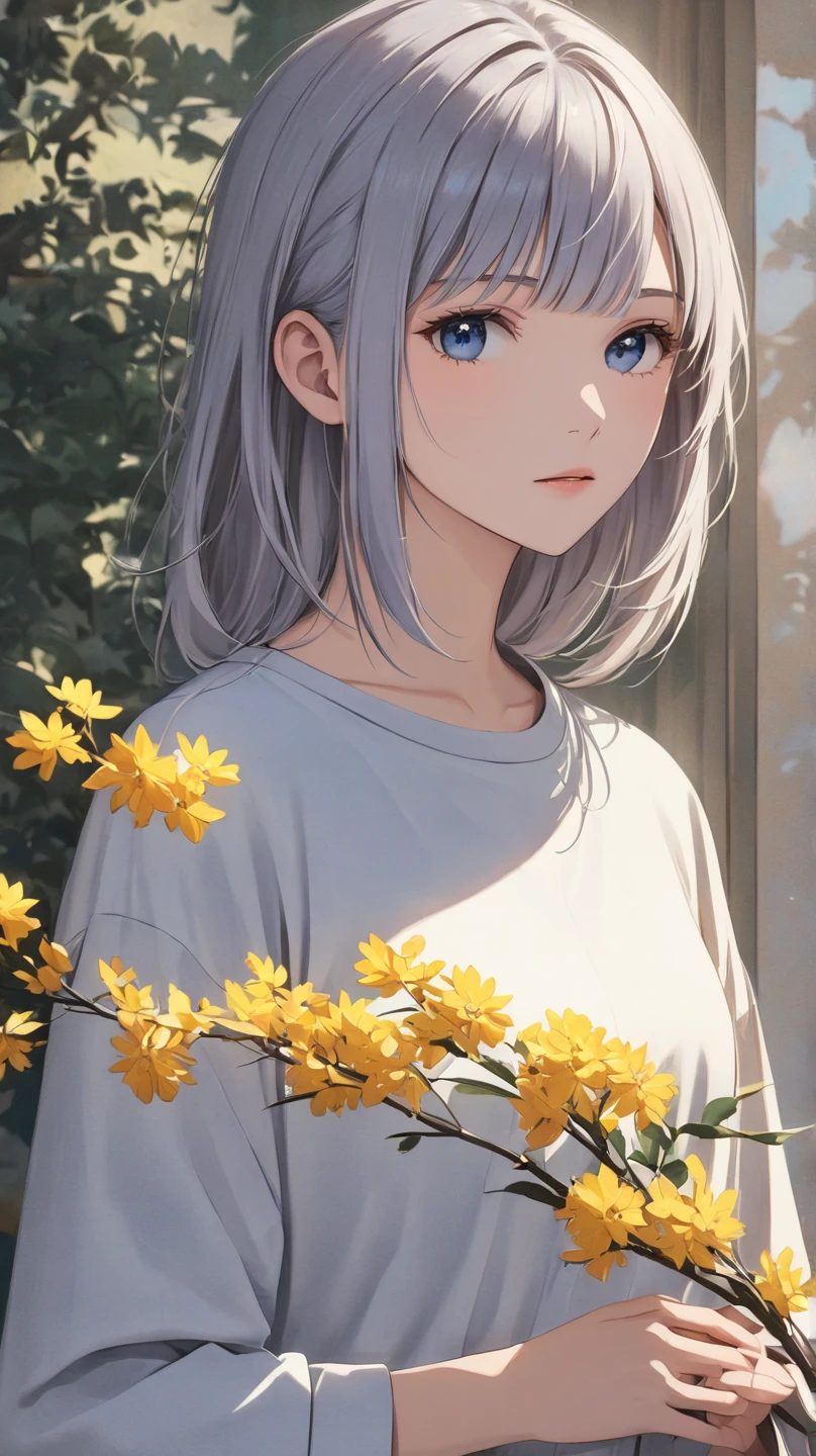 A serene and introspective young woman with short silver-gray hair, styled naturally with soft layers and bangs that slightly cover her eyes. She has a calm and gentle expression, dressed in casual street-style clothing with minimalist designs. Her atmosphere is ethereal and mysterious, exuding a sense of inner peace. The background is softly lit, emphasizing her tranquil and otherworldly presence."