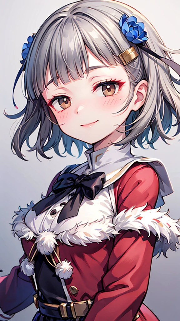 (((solo))), 1 woman, Sakuya Kurobane, sakuyaunif, kurobane_sakuya, short hair, grey hair, black hairband, blue hair flower, brown eyes, red eyeliner, chest, blush, smile, (upper body), santa claus