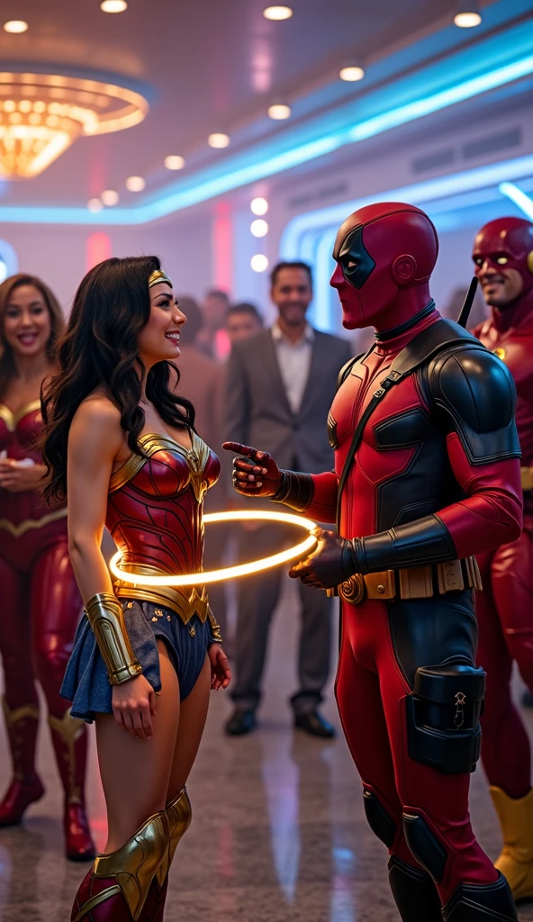 Three gorgeous women (varied height, varied weight, varied race, wearing a towel or less, crazy hairdo, crazy jewelry, tend towards fit and hourglass figure) they are flirting with Spider Man, women's locker room. Spiderman has webbed a villain to the wall, he is embarrassed by the women's attention