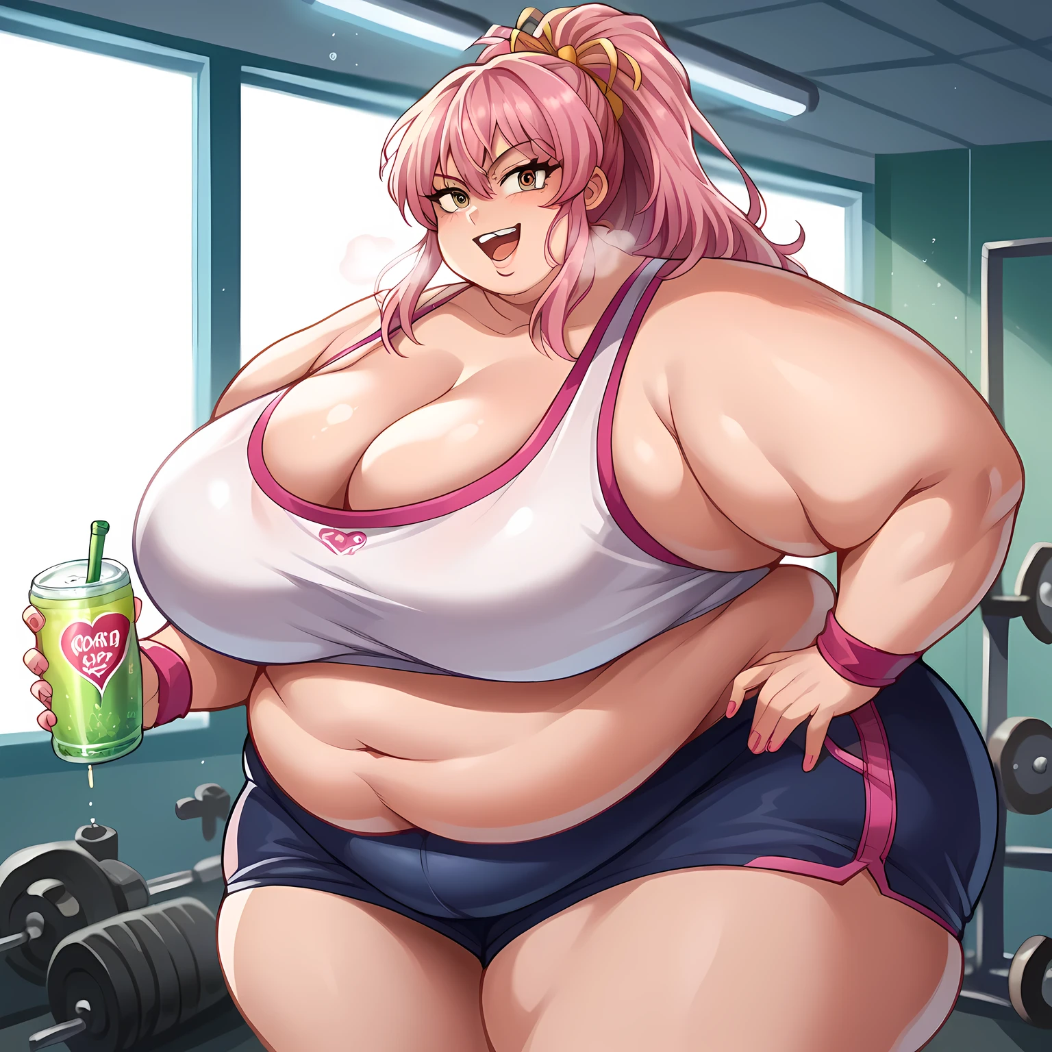 Mikkajogasaki, Mika Jougasaki, hair 弓, Long Hair,  Pink Hair, ,  ponytail, A confident and sporty anime-style young woman with short blonde hair dyed with pink tips, wearing a stylish sports bra and fitted spats. She has a cheerful and energetic expression, standing in a gym setting with dynamic lighting. Her outfit is sleek and modern, featuring subtle patterns in pink and black. She exudes a vibrant and youthful aura, with a playful, edgy vibe reflected in her fashion and pose.protein drink  fat, chubby, obese, gigantic arms and legs, large breasts open mouth, out of breath