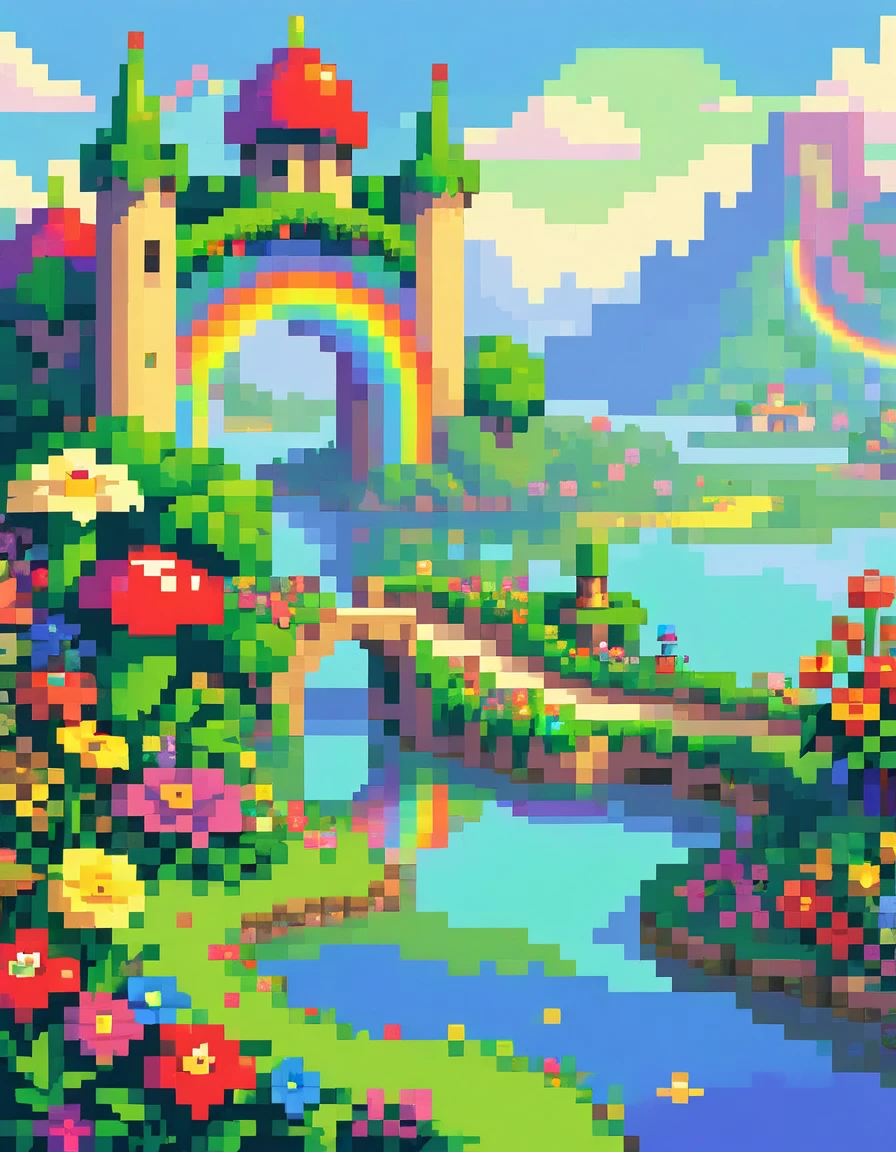 16-bit retro game, pixel art, "Super Mario World", beautiful rainbow bridge over a lake, fantasy world, highly detailed environment, vibrant colors, fantasy landscape, colorful flowers, vegetation, fantasy castle in background, magical atmosphere