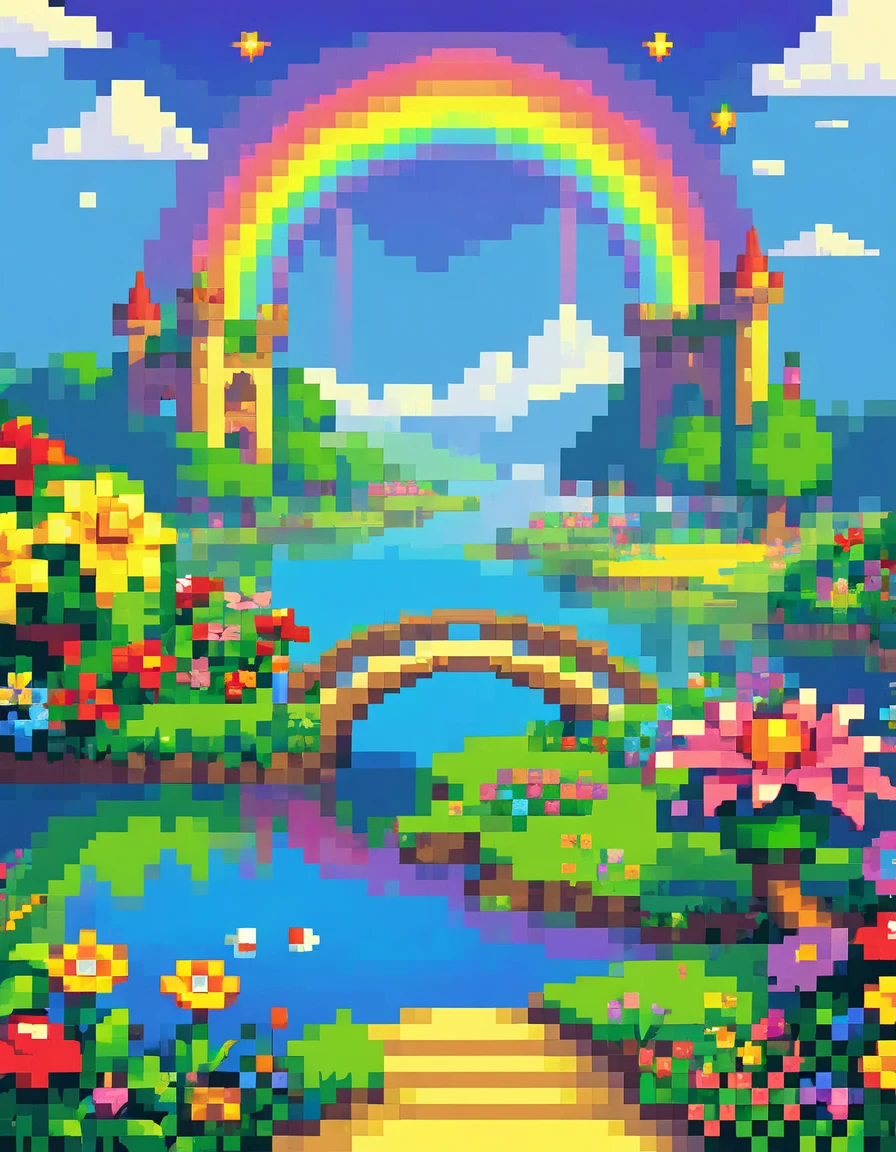 16-bit retro game, pixel art, "Super Mario World", beautiful rainbow bridge over a lake, fantasy world, highly detailed environment, vibrant colors, fantasy landscape, colorful flowers, vegetation, fantasy castle in background, magical atmosphere