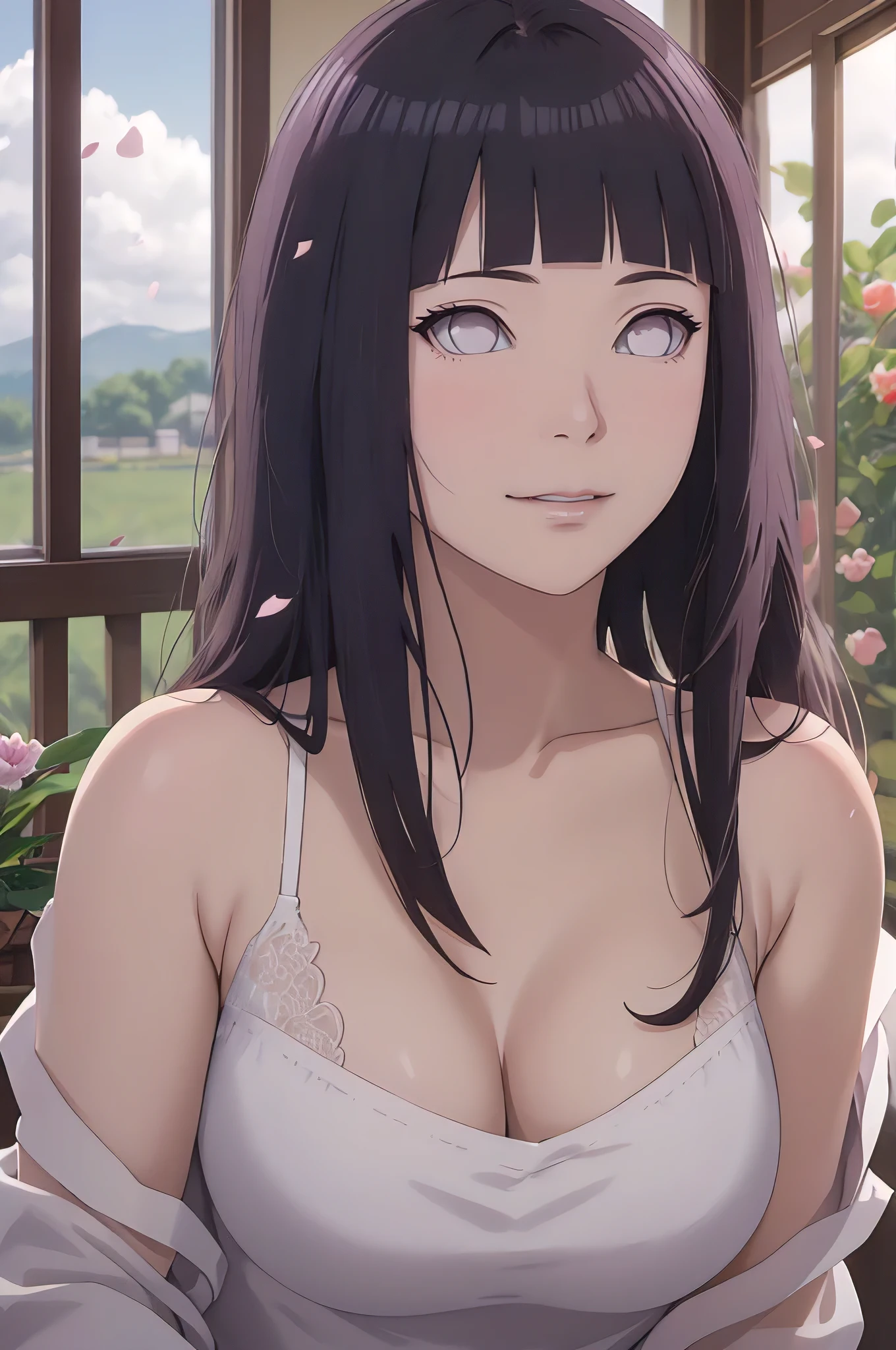 tmasterpiece， hoang lap， hyouka\（Boruto\）， 1girll， solo，a mature female， Purple slip dress，cleavage，Large breasts，Brown pants，exteriors，Lavender flower field， looking at viewert， （Falling petalostly cloudy sky， perfect compositions， Detailed lips，， beauitful face， Body support， Be red in the face， （redish pink lips）， long whitr hair， White eyes， Soft gaze， Sad smile， Super realistic， A detailed， photoshoot， Realistick faces and bodies， photo-realistic hair， photorealistic eye，realistic nose，realistic lips, nipples, cameltoe