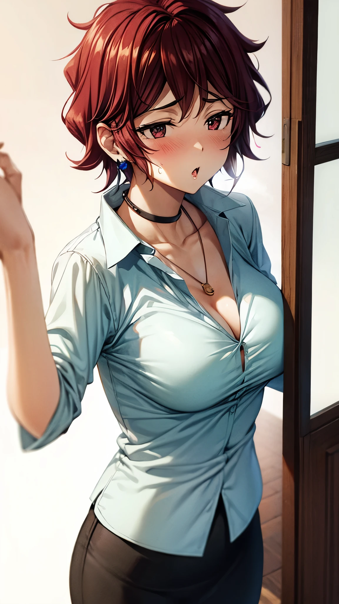 （ super quality, ultra high resolution,16k,super masterpiece,Ultra HD ,Detailed shading and background,）one sexy wife,Short black hair,（A white shirt with a large collar spread wide and standing straight, wide open chest, getting slapped hard by men {x} black pencil skirt,） earrings for a woman alone, Necklaces , Sweaty ,blush,Open thick lips slightly,Opening the Door,Dark Background,