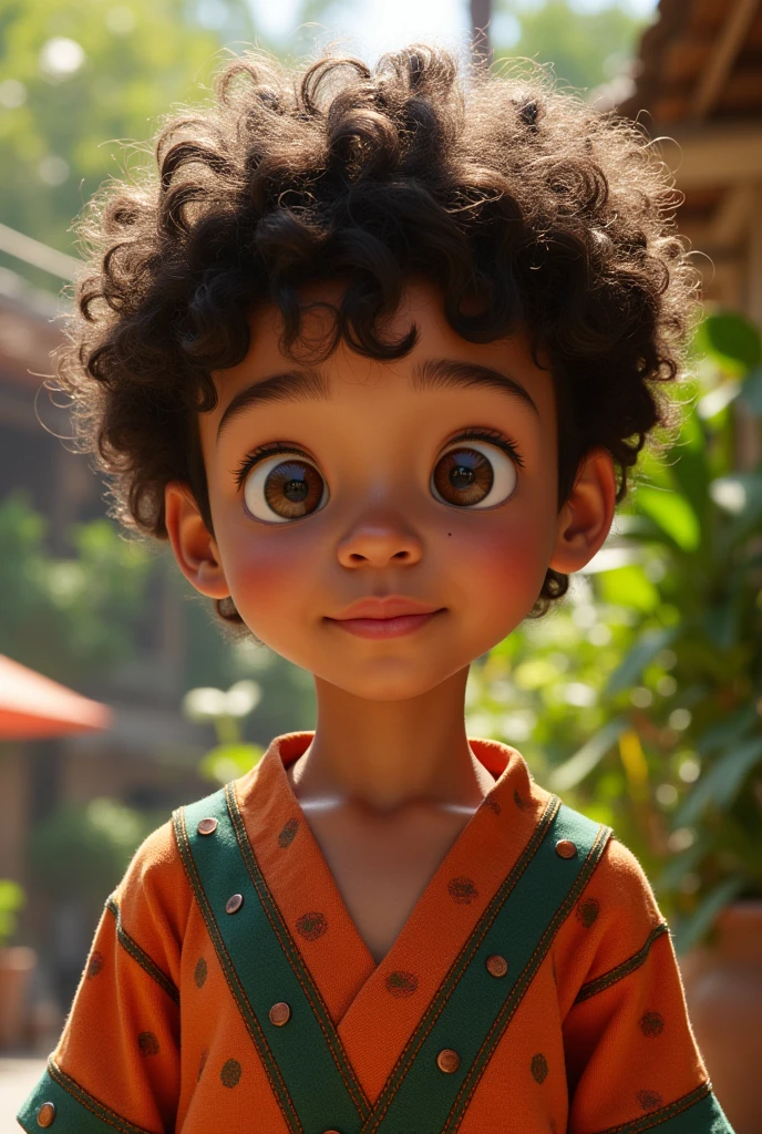 a young boy's face, brown skin, long, loose, curly black hair, brown eyes
