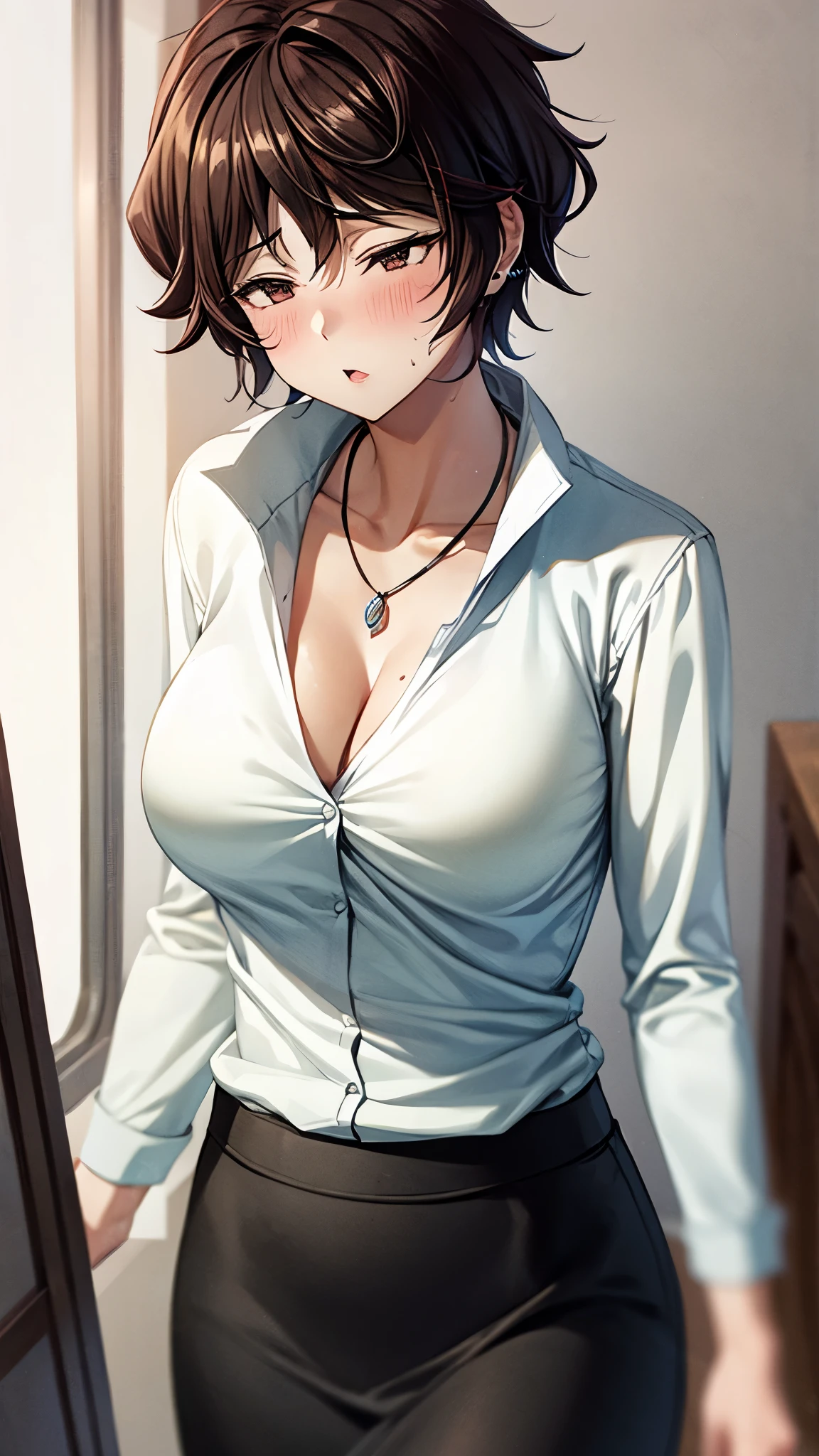 （ super quality, ultra high resolution,16k,super masterpiece,Ultra HD ,Detailed shading and background,）one sexy wife,Short black hair,（A white shirt with a large collar spread wide and standing straight, wide open chest, getting slapped hard by men {x} black pencil skirt,） earrings for a woman alone, Necklaces , Sweaty ,blush,Open thick lips slightly,Opening the Door,Dark Background,