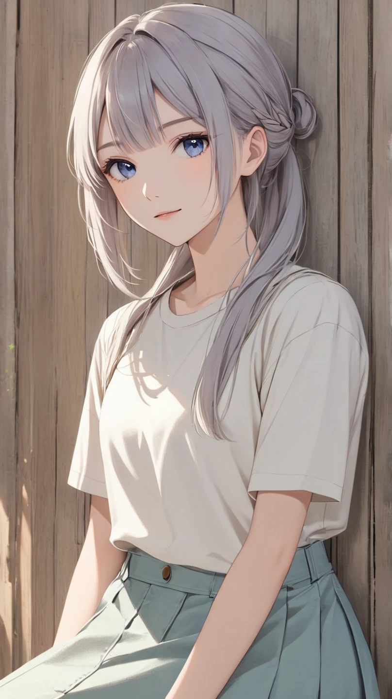 "A serene and introspective young woman with short silver-gray hair, styled in a boyish and androgynous cut with soft layers. Her hairstyle is sleek yet casual, with bangs that partially frame her face. She exudes a calm, gentle demeanor with a subtle smile, dressed in a minimalist and casual outfit that hints at streetwear aesthetics. Her overall presence is ethereal and tranquil, with soft lighting emphasizing her understated and mysterious charm."