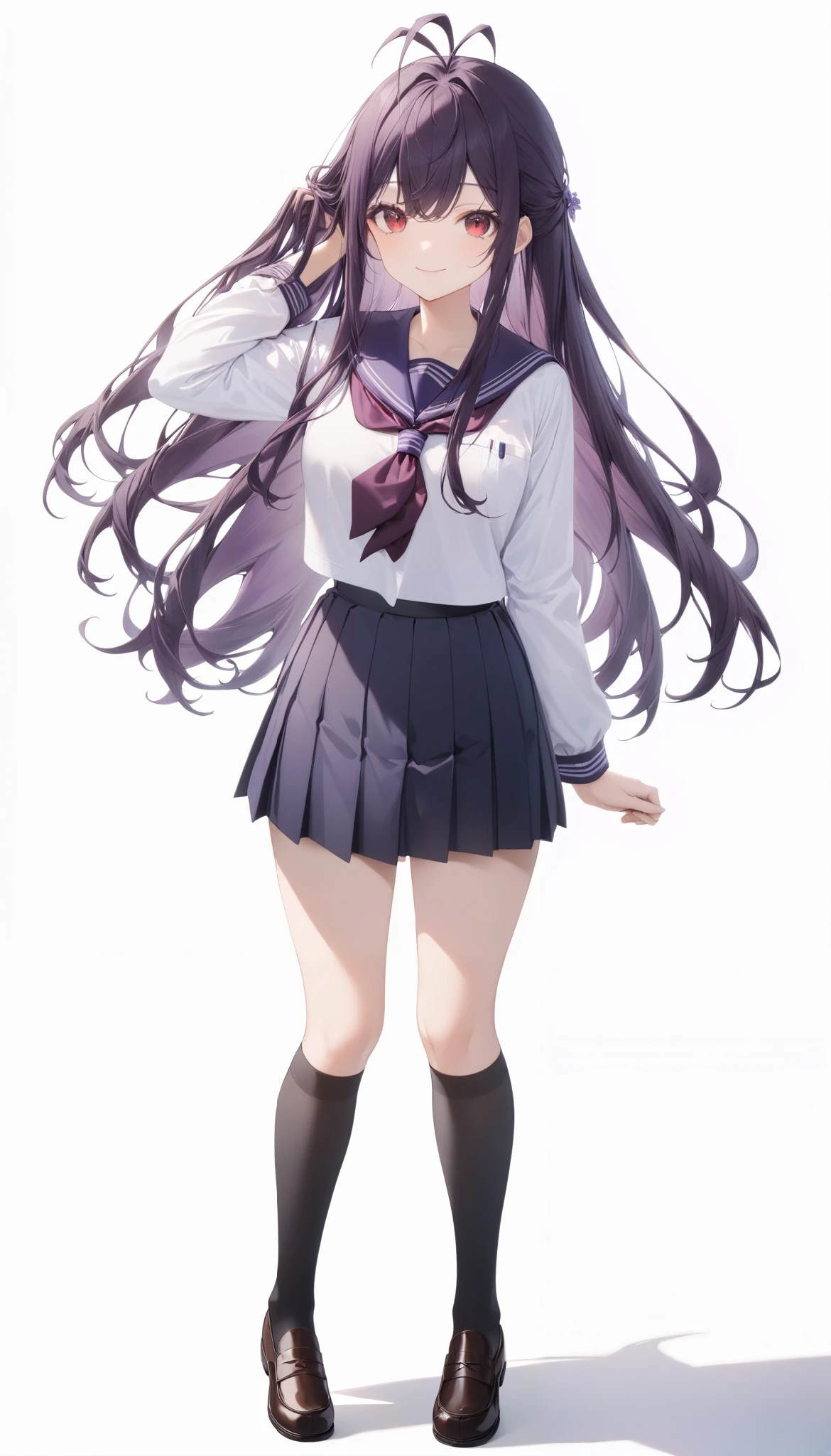 {{masterpiece}}、((White background))、very detailed hands、 Attention to Details 、(( 1 girl))、 solo full body shot、 Viewers' Perspective 、(smile)、((dark purple long hair 、antenna hair、 half up、Red eyes:1.3))、 black school uniform、 black knee-high socks 、 loafers in white、hand in own hair、 standing