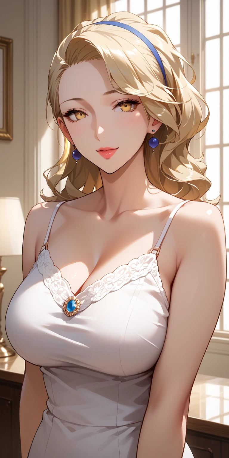 Score_9, Score_8_up, Score_7_up, Source_anime, anime art, anime style, masterpiece, best quality, very aesthetic, 1girl, elegant mature woman, milf, curvaceous, camisole, large breasts, seductive face, upper body, home, margaretp4, blonde hair, long hair, yellow eyes, headband