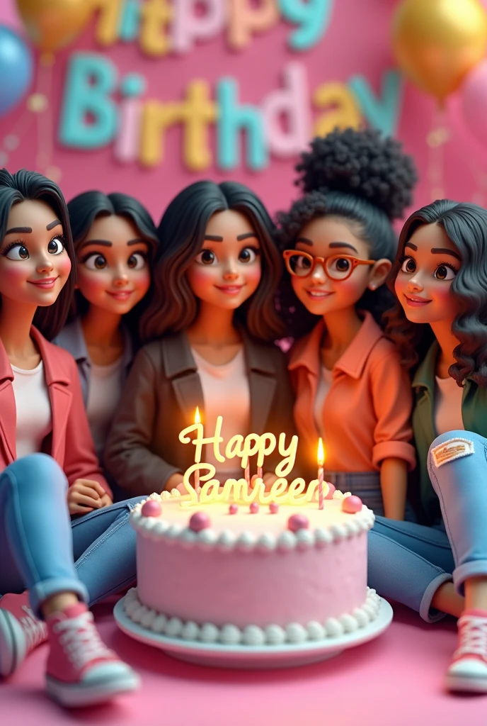 Birthday 🎂 3D AI Image कैसे बनाए...??
Image Promp - Like & Love💕
3D illustration of a 6 girls
sitting casually on front of a cake. The character must wear casual moder clothing such as jeans jackets and sneakers shoes. The background of the image is a party theme. Write 'samreen' on the birthday cake. Make sure the text is not misspelled. His age is 18, beautiful woman, sitting on bed, wearing loose off-shoulder top,