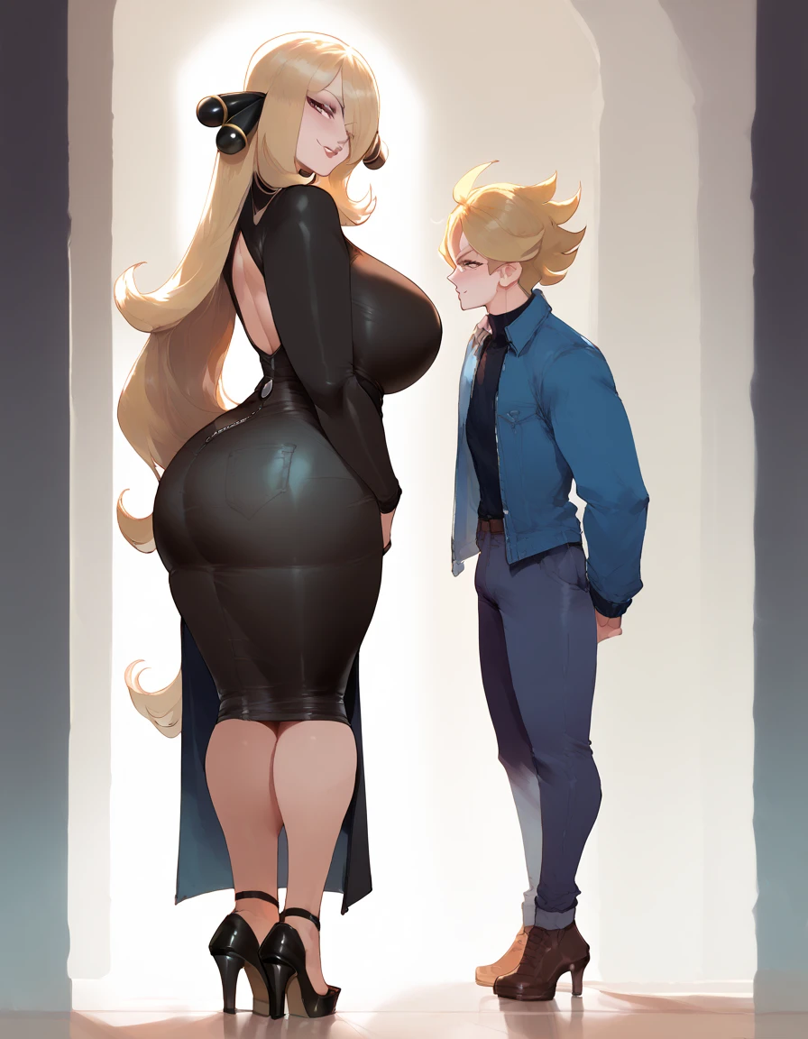 1girl, blonde hair, cynthia (pokemon), mature female, single mother, milf, mole under eye, tall, huge breasts, high heels, dark outfit, femdom, dominant woman, femdom, sexy pose