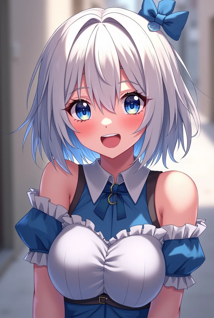 (masterpiece, best quality, extremely detailed. 8K:1.4), upper body shot, (a kawaii loli:1.5) (lying on her back on the bed:1.3), (hugging kiss to viewer:1.2), white glowing skin, (embarrassed with blush cheeks:1.2), (blue teary eyes with eyelashes:1.2), (silver medium half-up pigtails hair:1.3), (pajamas, small cleavage, areola slip:1.3), (perfect body:1.5), cozy room interior, room lighting, centered composition