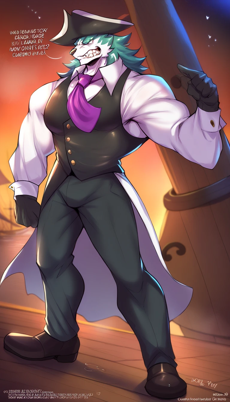  score_9,  score_8_above,  score_7_above, male, source_ hairy, male, Alone, Shirou Ogami,  Shoes, Gloves, pirate hat, Teeth, black vest,  white shirt , purple tie, pirate,  muscle shirt:1.3, huge lump, sweaty, hands, dress, ((( Dutch angle , Sexy joke , pose sexy, elegant pose, down)))  BREAK pirate ship, out, Evening, officer, stars, Ambient light
