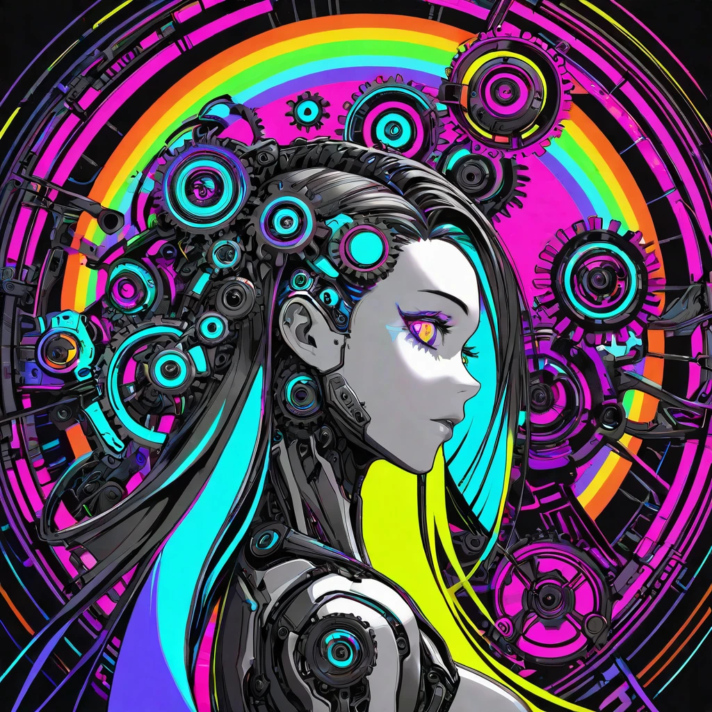 Beautiful woman,tmasterpiece, Top quality, Kizi, Slim, Rainbow eyes, Hair color, Irridescent color, Long Hair Spreads, white skinned, mediating, adolable, Raised sexy, Halo, Near the future, 比基尼, Body Skin not exposed,wearing cyber space suite, psychedelia, Trip, Highly colored, paisley, Highly colored, Cyberspace, cyber punk perssonage, Mandala Theme, eye shadows, False lashes, Blushlush, Mechanical left arm, ssmile, full bodyesbian,in a panoramic view,Side Front view,Facing Audience,turning around