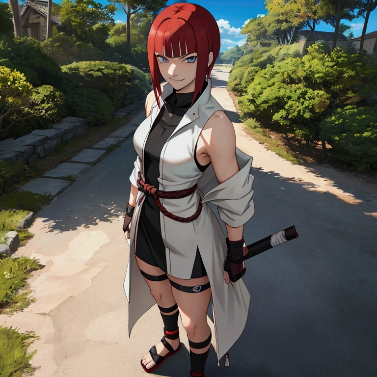 Naruto Shippuden screenshot, masterpiece, best quality, solo, woman, badass, white jacket, bandaged leg, toeless shoes, short black, sleeveless, sadism, smirk, looking at viewer, light reddish medium hair, reddish bangs light, lite blue eyes, medium breasts, neck guard, shinobi symbol, black gloves, bare shoulders, standing, outdoors, village background, blue sky, clear