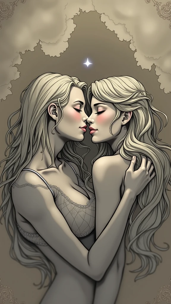 2 woman character, blonde woman character, roses tattoos, wavy hair, lying in bed, huging with black wet hair woman character, black hair, slender body, silhouette, dark lights, naked, talking, holding face, milf, staring one each other art nouveau