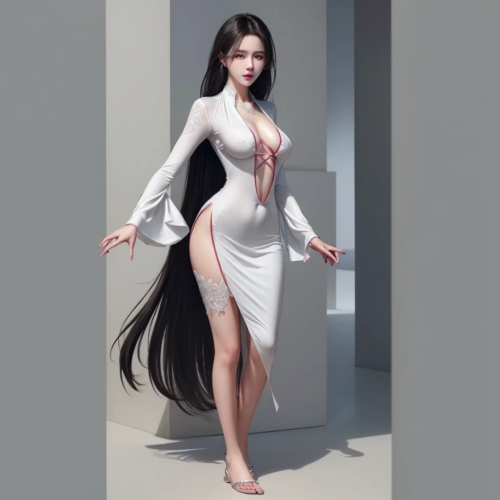 a woman in a long silver solid draped spaghetti dress, silver high heels, diamond hair piece, , shoulder length slightly wavy hair, ((black hair)) and gleaming detailed vibrant light blue eyes, slim frame, medium breasts, long legs, beautiful face, small butt size, small feet size, small hand size, perfect hands, scary face, beautiful face, pretty face, hot woman, British woman, cream skin, small soft pink lips , medium breast size, slim figure, standing pose, soft features, cute girl, perfectly framed face, soft pink lips, glossy lips