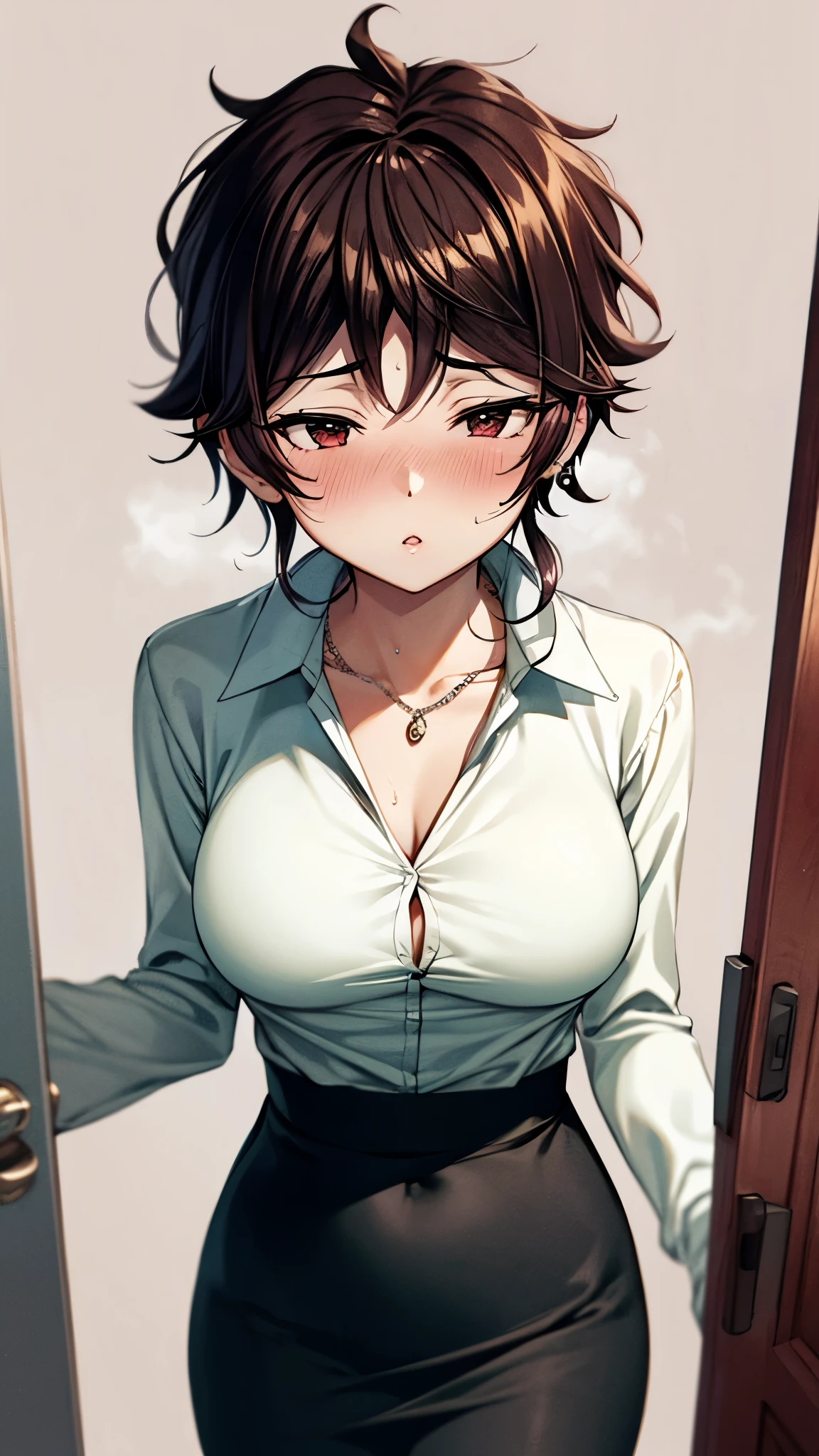 （ super quality, ultra high resolution,16k,super masterpiece,Ultra HD ,Detailed shading and background,）one sexy wife, looking at the camera,Short black hair,（A white shirt with a large collar spread wide and standing straight, wide open chest, black pencil skirt ,） earrings for a woman alone, Necklaces , Sweaty ,blush,Open thick lips slightly,Opening the Door,