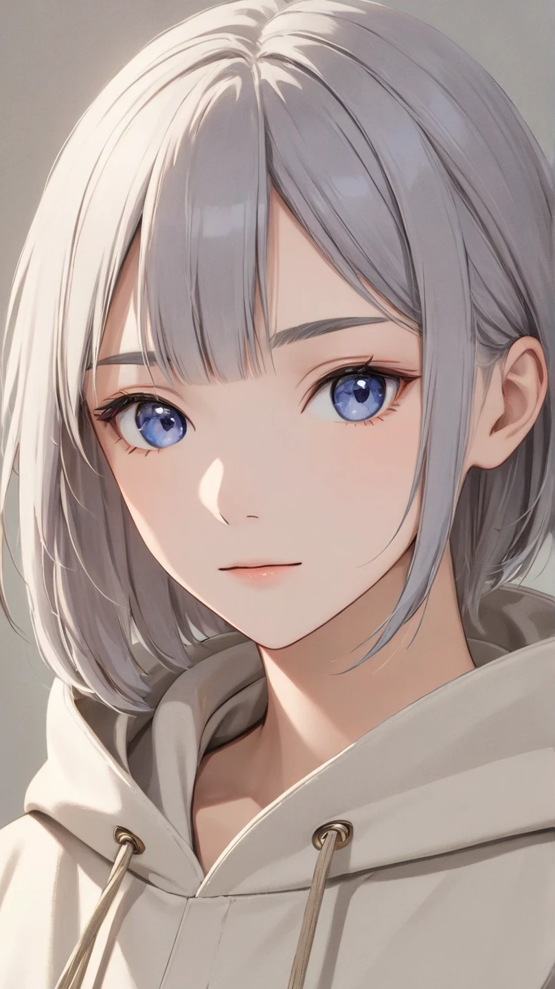 "A serene and introspective young woman with short silver-gray hair, styled in a sleek, androgynous, and slightly tousled cut. The hairstyle is neat and boyish, with soft, feathered layers around the ears and nape, and bangs that delicately graze her eyebrows. She has a calm and composed expression, with a subtle yet gentle smile that reflects her introspective nature. Her outfit is minimalist yet modern, featuring casual streetwear elements such as a simple oversized hoodie or a fitted jacket, paired with neutral tones. The overall scene highlights her ethereal and mysterious charm, with soft, diffused lighting and a tranquil atmosphere."