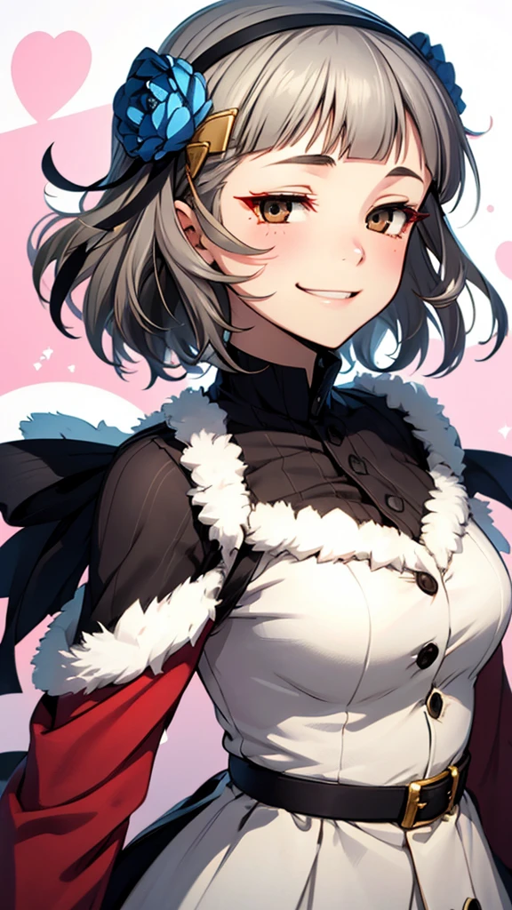 (((solo))), 1 woman, Sakuya Kurobane, sakuyaunif, kurobane_sakuya, short hair, grey hair, black hairband, blue hair flower, brown eyes, red eyeliner, chest, blush, smile, (upper body), santa claus