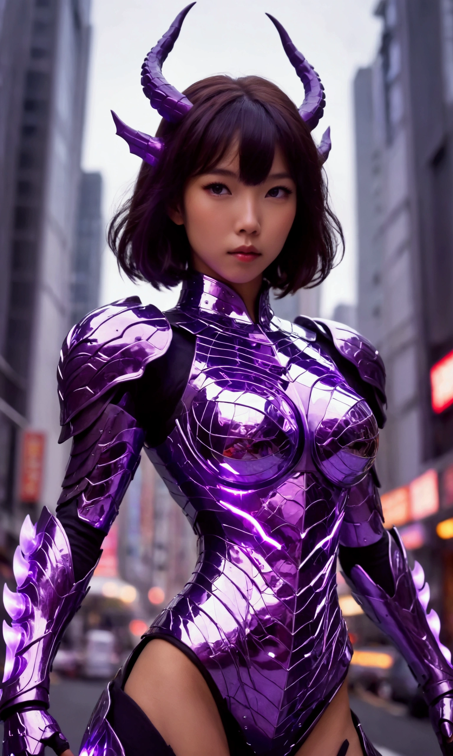 a cute woman (cute, amazing figure, sexy glowing mirrored armor, violet dragon motif, she is a super hero) sexy action poses, battling robots, Tokyo, she can toss violet lightning bolts