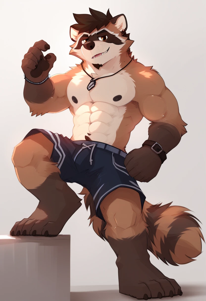 raccoon,  Body, hands,  pectorals defined,  eyes verdes, eyes ,  short hair,   brown fur  , ((Practice poses)), por pache riggs