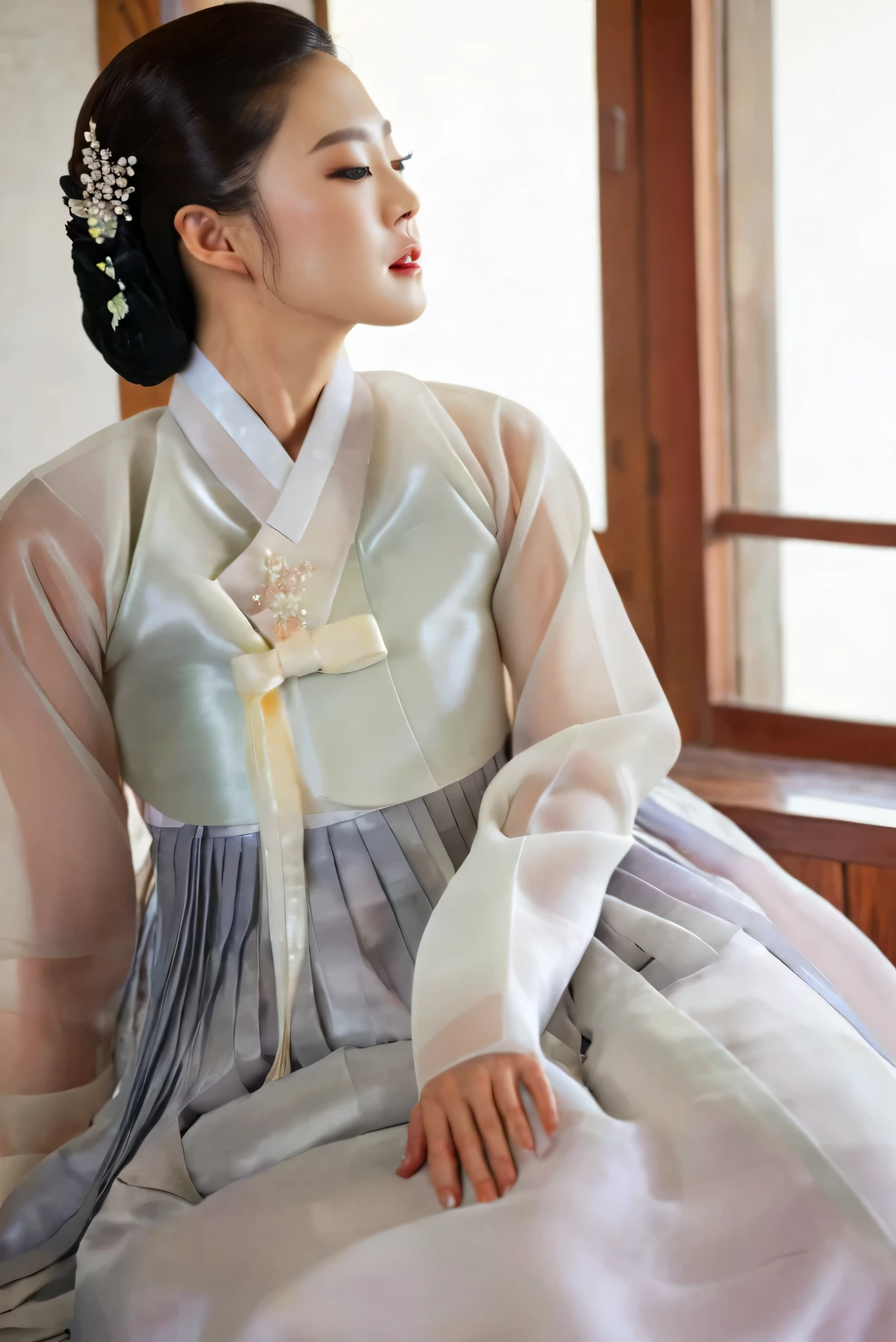 A Korean man in women's hanbok, hi is crossdresser, His face and hairstyle are very masculine, silk, Mother of the Bride hanbok Dress Outfit, breasts like a woman, white, slender female body, sexy see-through jacket, satin, little side view, sit quietly