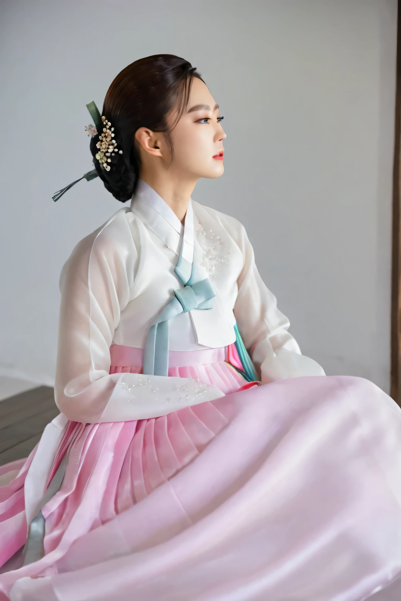 A Korean man in women's hanbok, hi is crossdresser, His face and hairstyle are very masculine, silk, Mother of the Bride hanbok Dress Outfit, breasts like a woman, white, slender female body, sexy see-through jacket, satin, little side view, sit quietly