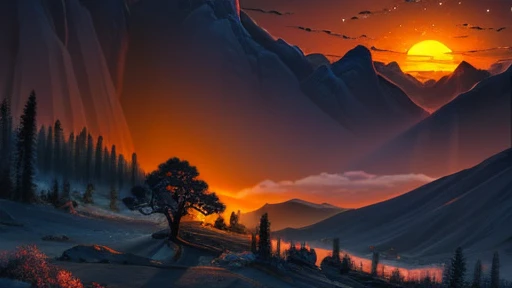 a beautiful mountainous landscape at dusk, the sun appearing between two hills, realistic, ultra-detailed, 8k, hdr, cinematic lighting, serene, tranquil, picturesque, stunning scenery, dramatic sky, glowing sunlight, atmospheric, dramatic lighting, breathtaking, perfect lighting, perfect scenery, masterpiece