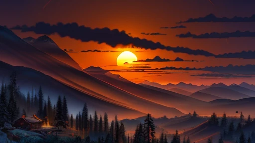 a beautiful mountainous landscape at dusk, the sun appearing between two hills, realistic, ultra-detailed, 8k, hdr, cinematic lighting, serene, tranquil, picturesque, stunning scenery, dramatic sky, glowing sunlight, atmospheric, dramatic lighting, breathtaking, perfect lighting, perfect scenery, masterpiece