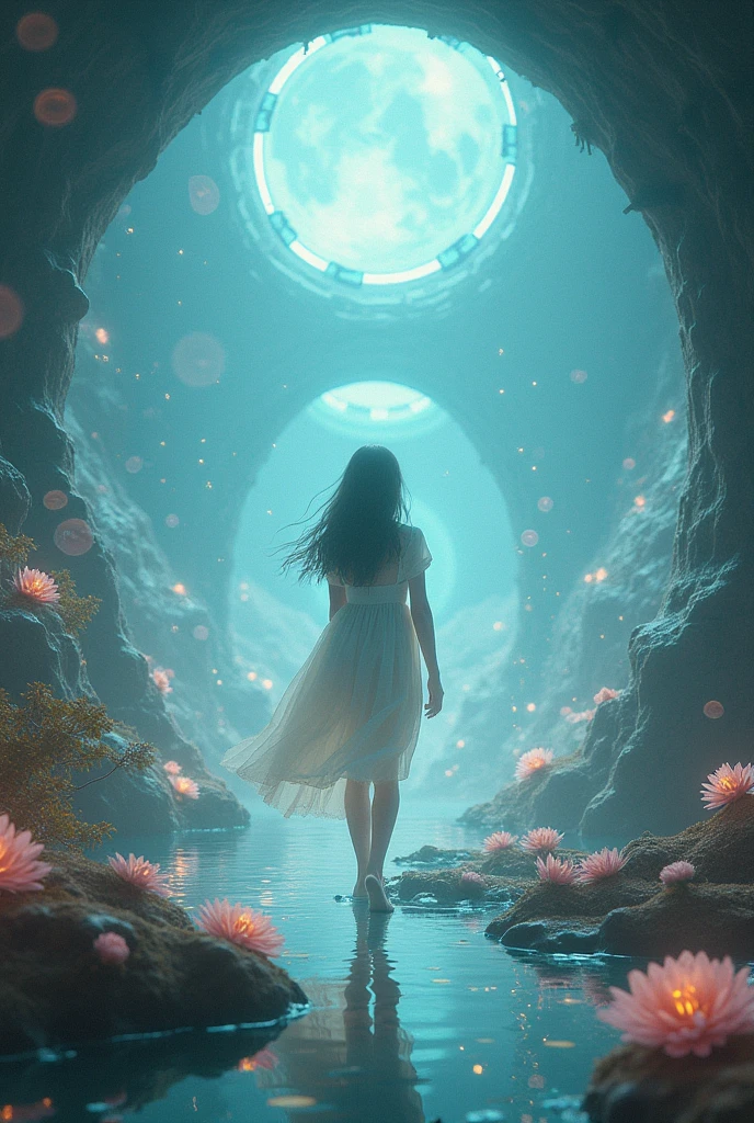 Best quality,masterpiece,16k,Artistic,In the curved tunnel,A tunnel surrounded by many crystals,Futuristic,Fantasy Tunnel,Complex structure,1girl,Dynamic poses,Looking at the camera,Girl being chased by monster