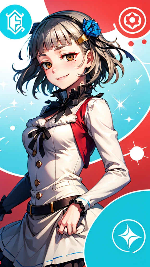 (((solo))), 1 woman, Sakuya Kurobane, sakuyaunif, kurobane_sakuya, short hair, grey hair, black hairband, blue hair flower, brown eyes, red eyeliner, chest, blush, smile, (upper body), santa claus