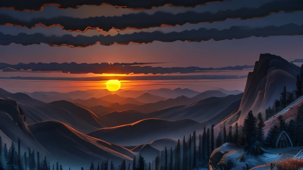 a beautiful mountainous landscape at dusk, the sun appearing between two hills, realistic, ultra-detailed, 8k, hdr, cinematic lighting, serene, tranquil, picturesque, stunning scenery, dramatic sky, glowing sunlight, atmospheric, dramatic lighting, breathtaking, perfect lighting, perfect scenery, masterpiece