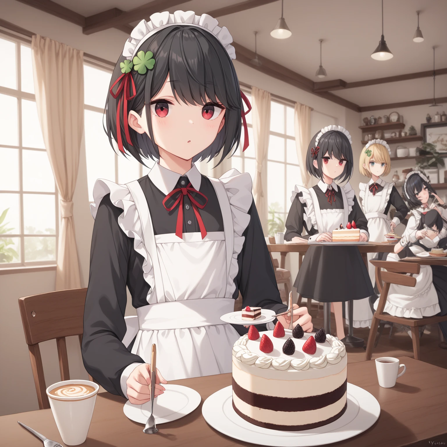  (8k), (  very detailed), (   best illustration   ), Cafe。   maid outfit 。. flat chested。 Short Hair 。  big red ribbon barrette。Four leaf clover in hair 。adult。 black hair。Shima Rin,Bring me a cake 。Four leaf clover in hair。 Short Hair 。